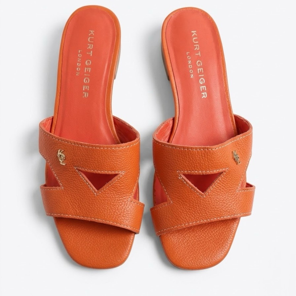 Kurt Geiger London Odina Orange Leather Cutout Slide Sandals Size 38